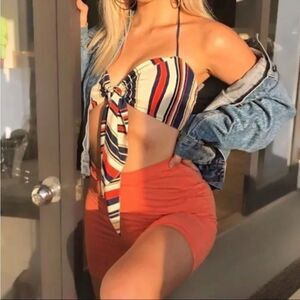 Tobi striped orange and blue crop top tie front small